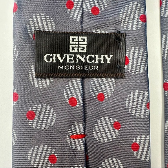Vintage GIVENCHY MONSIEUR Gray Abstracted Olive Patterned Classic Silk Tie, - Picture 4 of 7